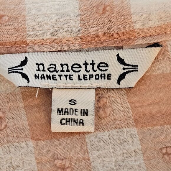 Nanette Lepore Size Small Tie V-Neck Soft Gingham Peach Swiss Dot L/S Blouse - Picture 9 of 13